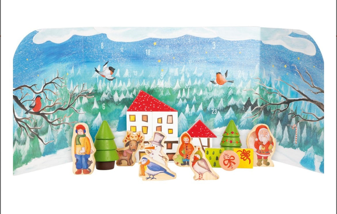 Adventskalender Winterwald in 3D Kulisse, aus Stabiler Pappe mit Vollholzfiguren