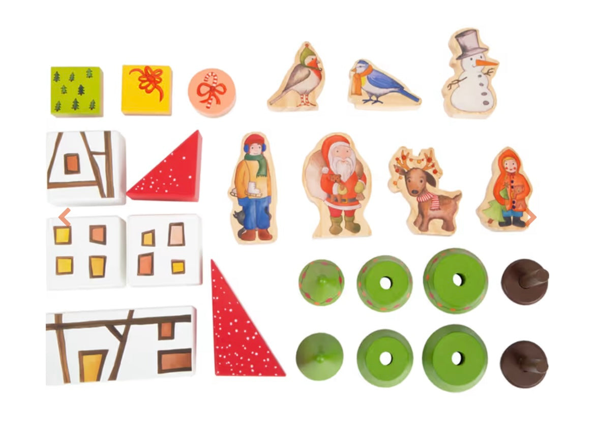 Adventskalender Winterwald in 3D Kulisse, aus Stabiler Pappe mit Vollholzfiguren