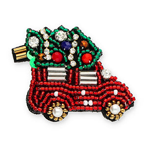 Brosche Auto mit Weihnachtsbaum Perlen 7cm