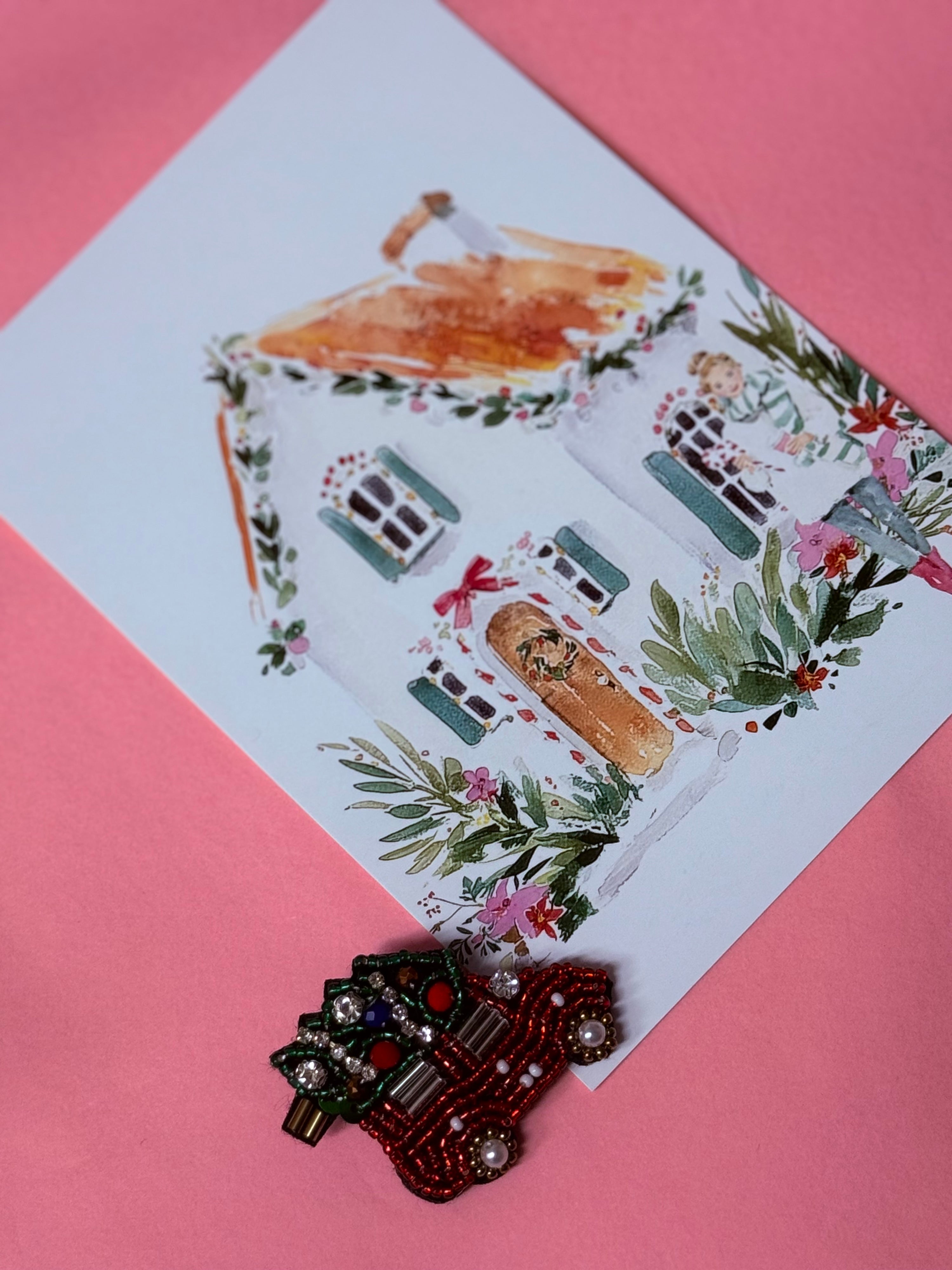 Brosche Auto mit Weihnachtsbaum Perlen 7cm