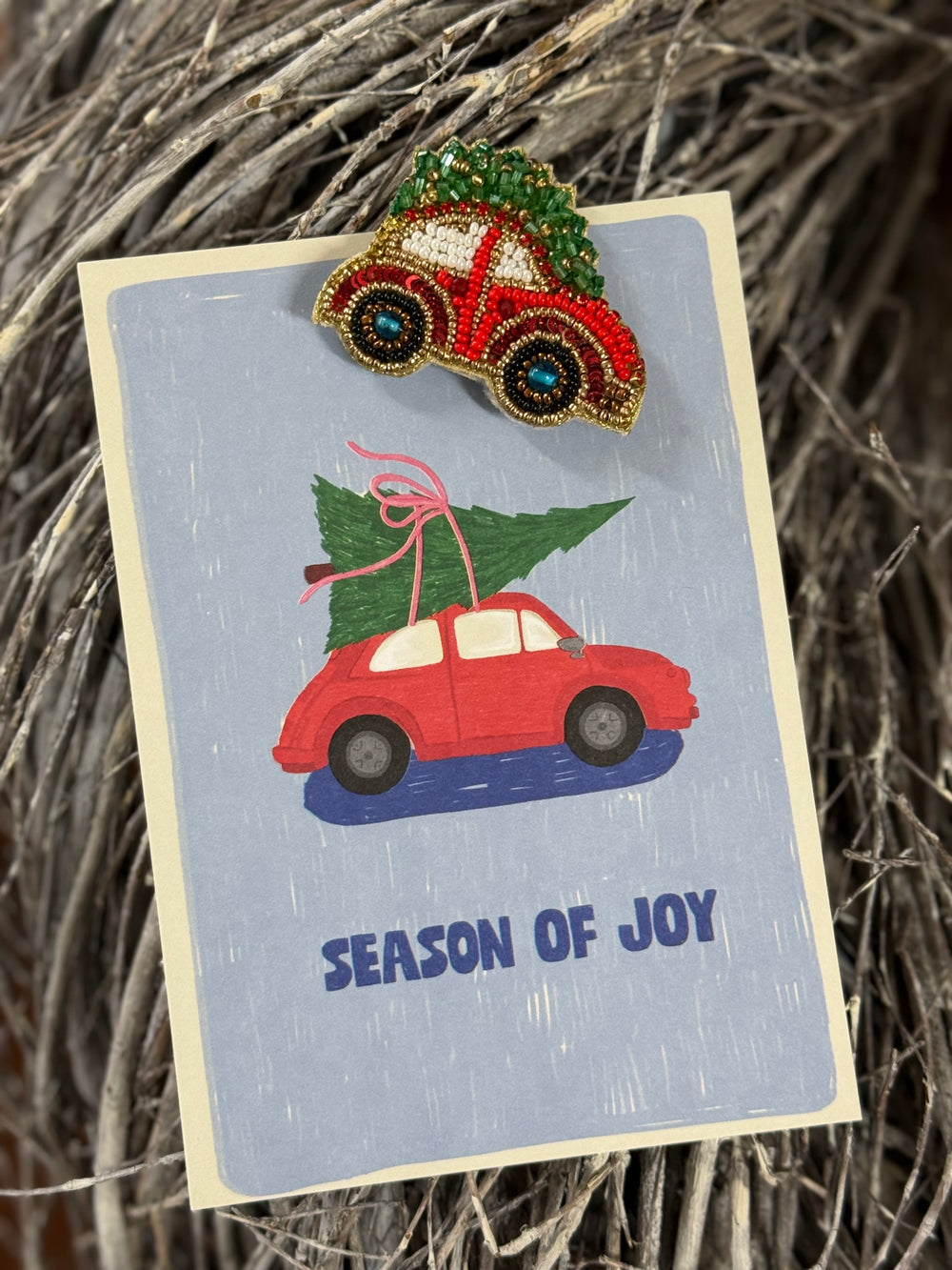 Brosche Auto mit Weihnachtsbaum Perlen 7cm -2-