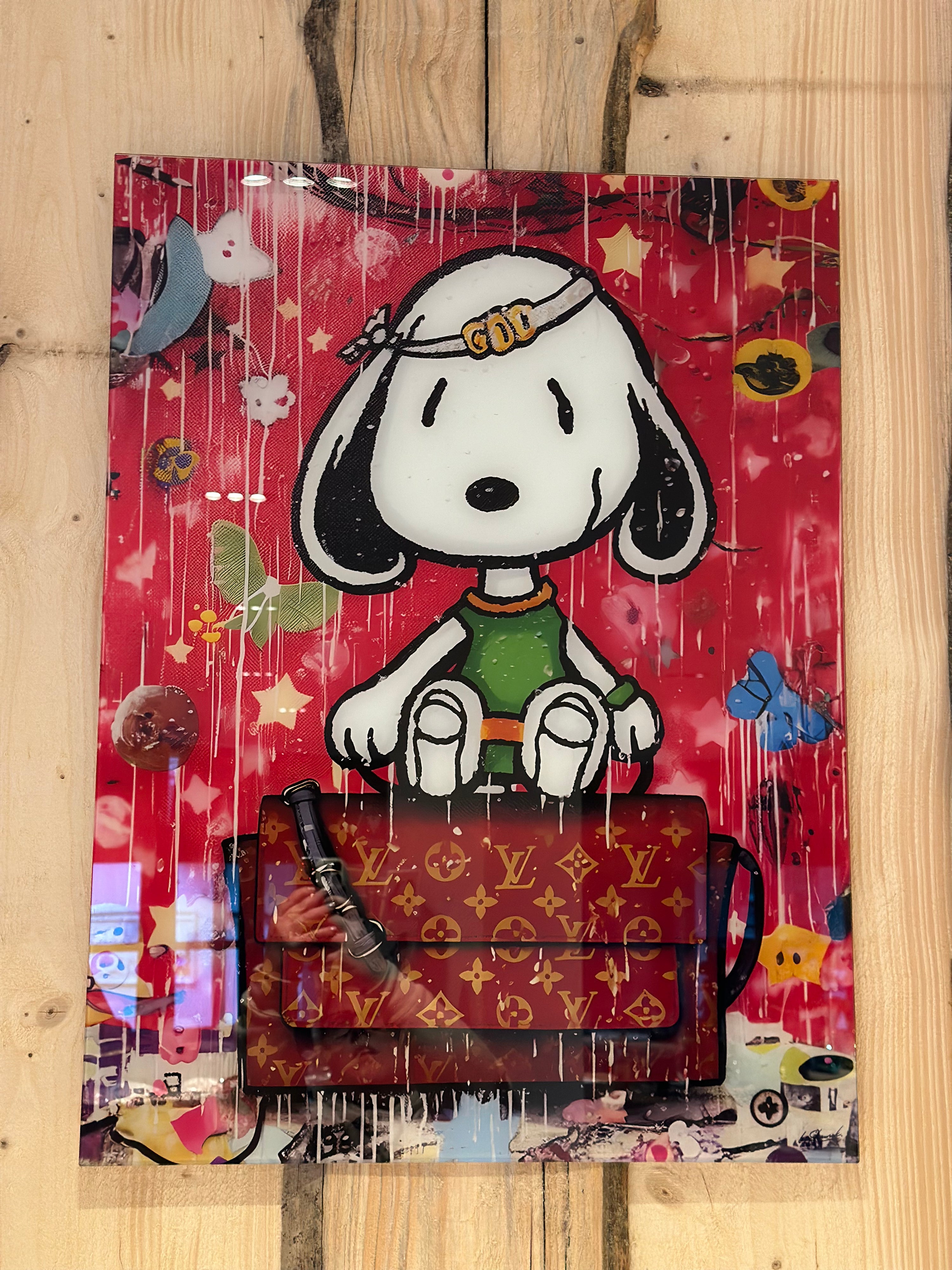 Glasbild Snoopy mit Louis Vuitton Bag