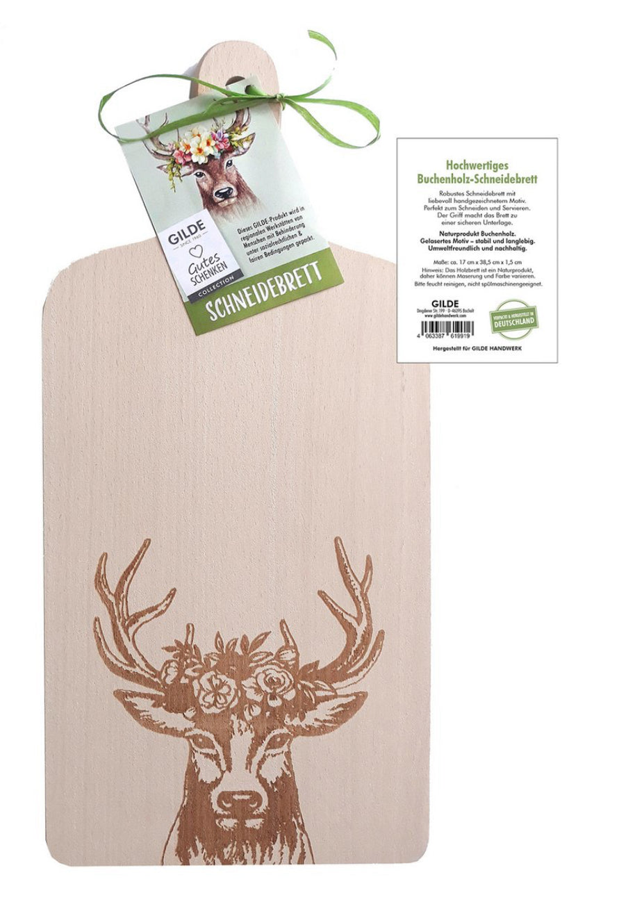 Großes Schneidebrett aus Buchenholz mit Blumenhirsch