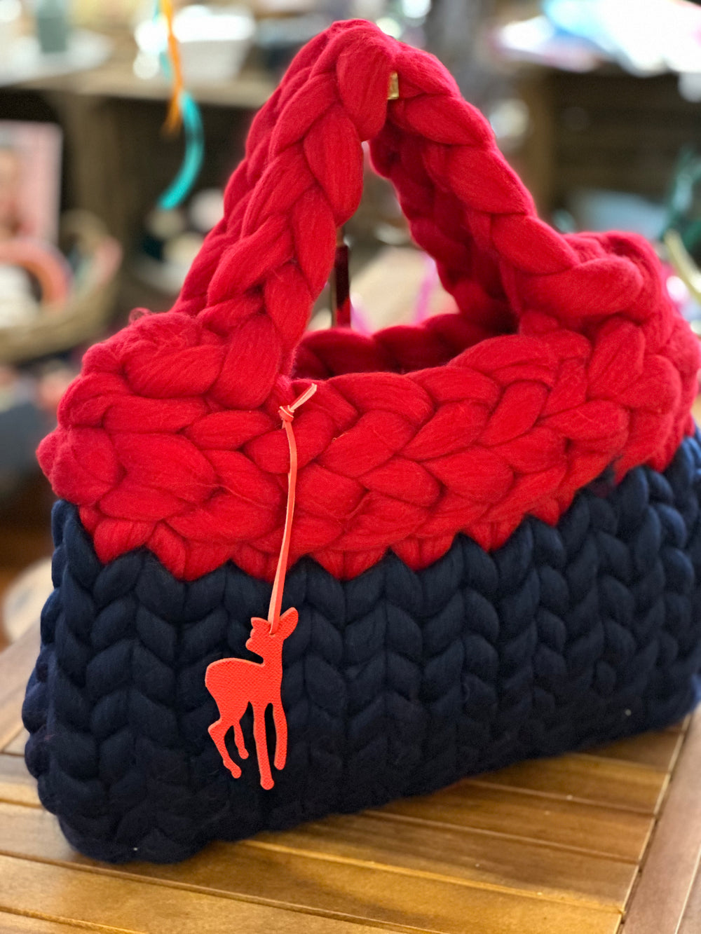 Lofty Loop Bag 100% MERINOWOLLE -Navy/Rot mit Rehanhänger