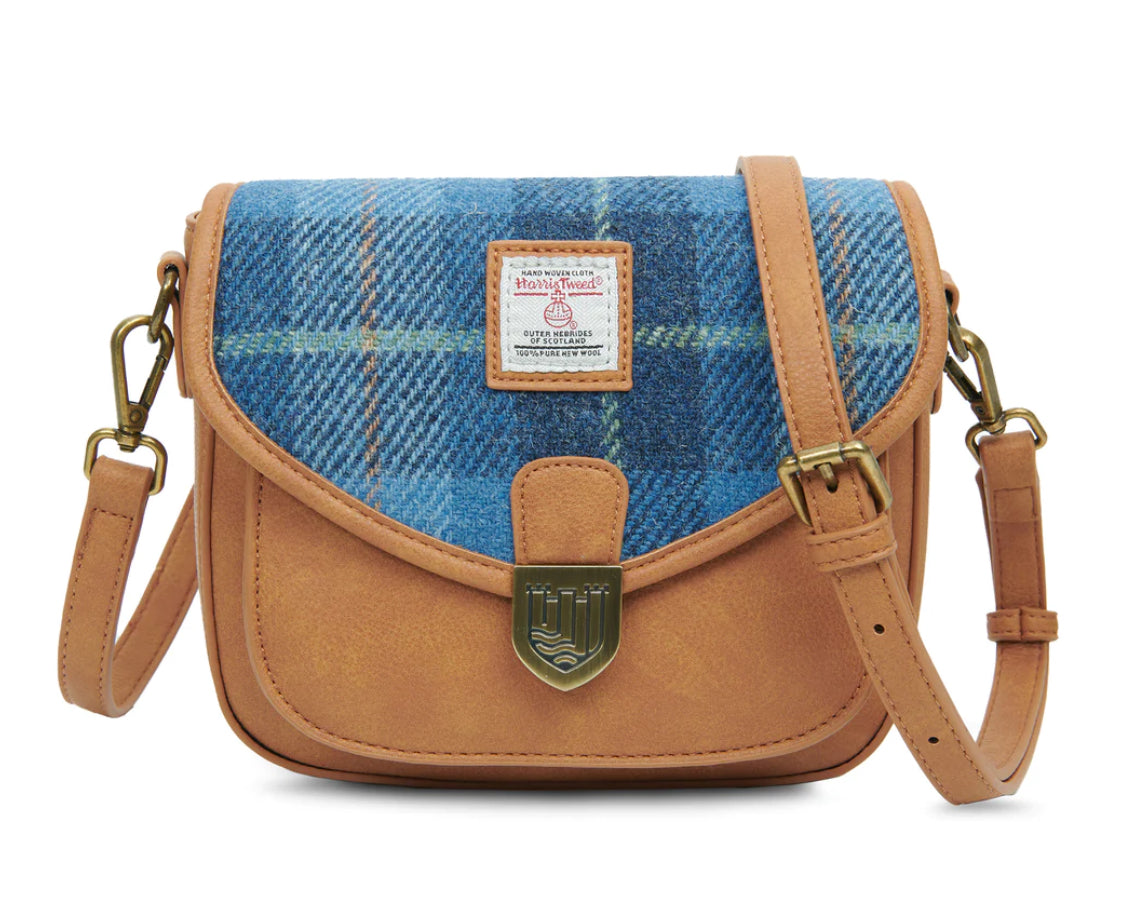 PRE-ORDER Midi Tweed Saddle Bag -Lightblue Tartan