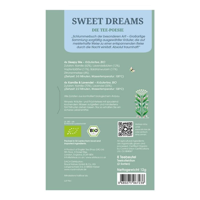 Tee Geschenk Tee-Poesie "Sweet Dreams", 8 Teebeutel, BIO