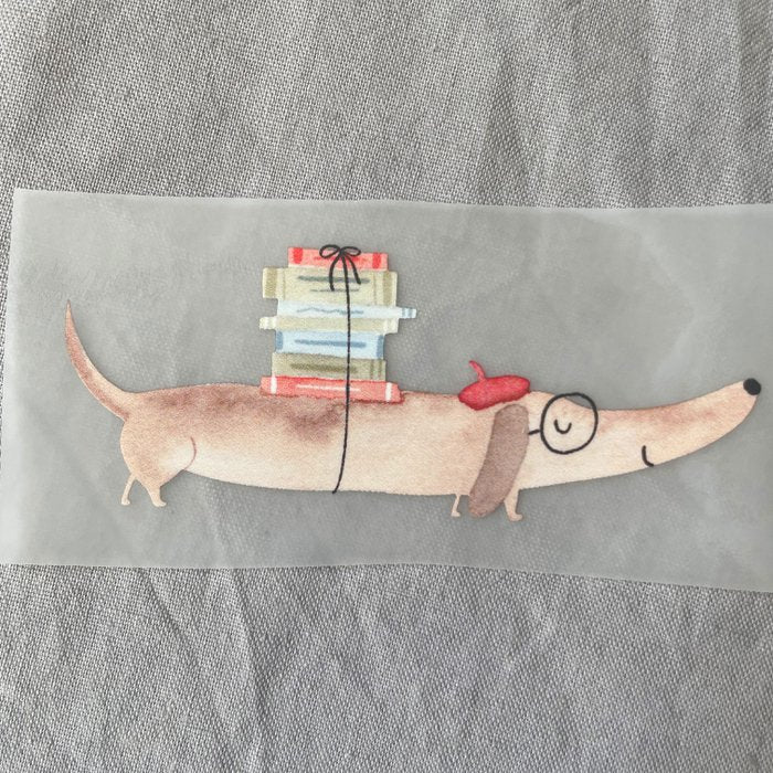 Bügelbild Bücher Dackel