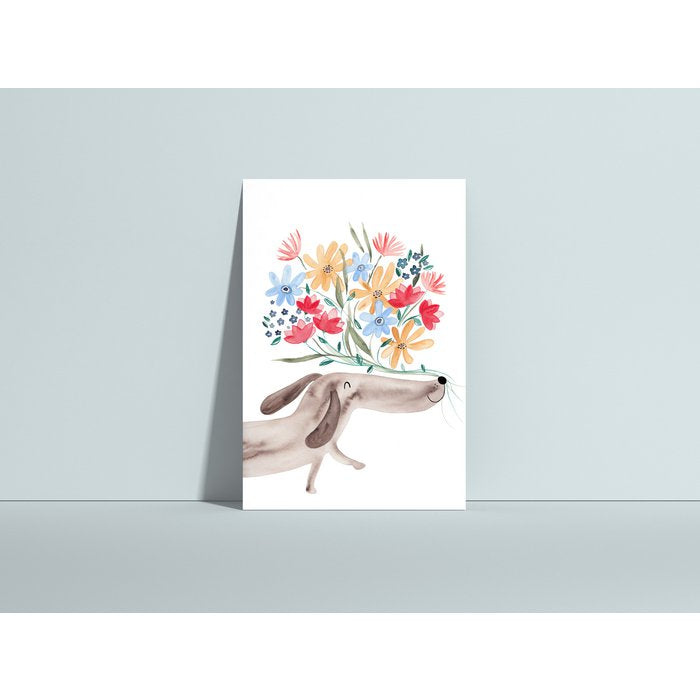 Dackel mit Blumenstrauß