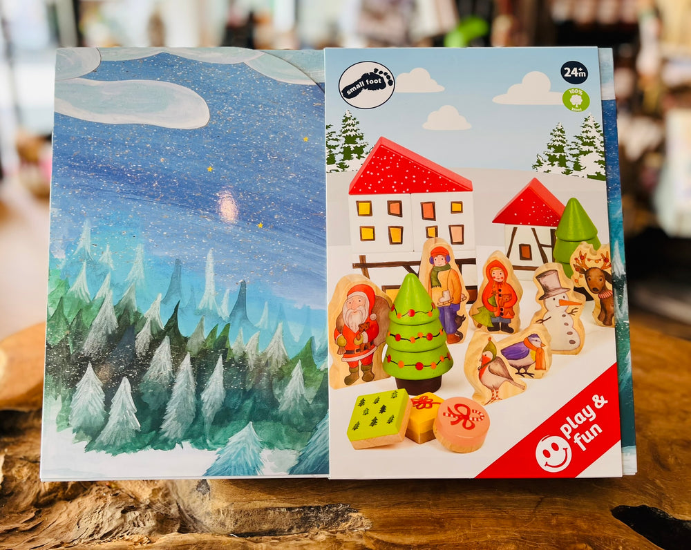 Adventskalender Winterwald in 3D Kulisse, aus Stabiler Pappe mit Vollholzfiguren