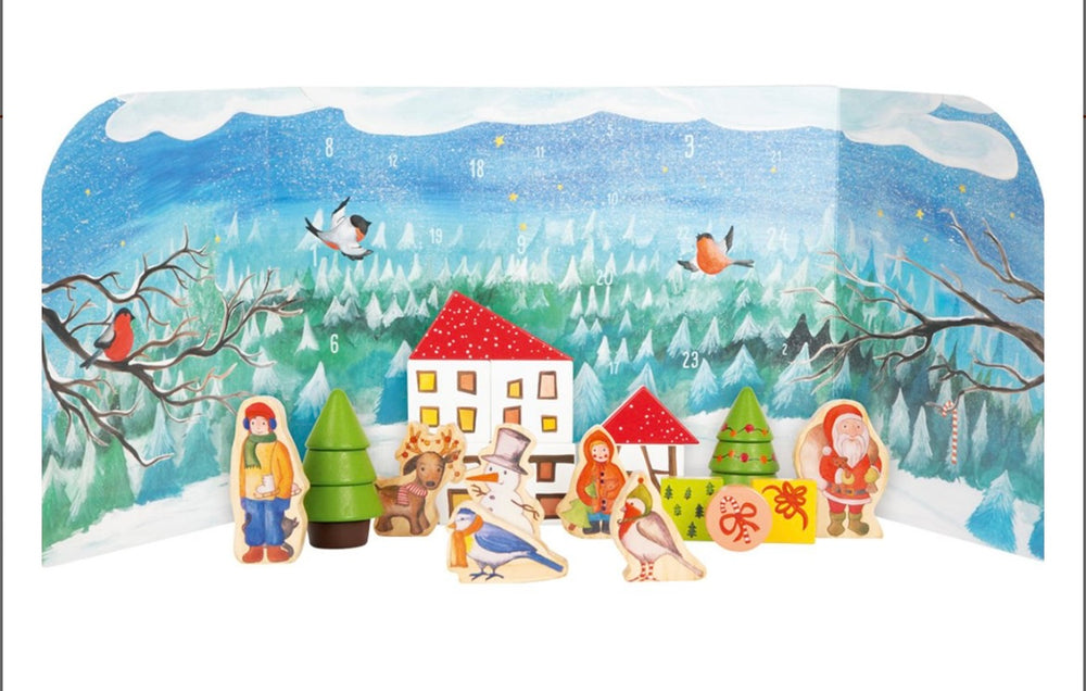 Adventskalender Winterwald in 3D Kulisse, aus Stabiler Pappe mit Vollholzfiguren