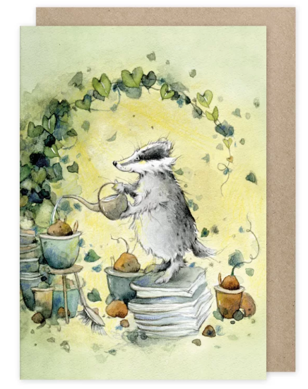 Karte mit Umschlag Dachs mit Gießkanne